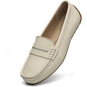 Kordal Women's Beige Leather Comfortable & Lightweight Penny Loafers Flats